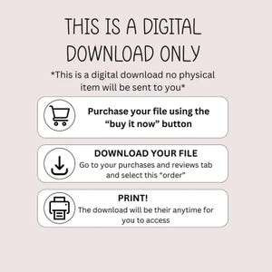 Pode incluir: Uma imagem de instru&ccedil;&otilde;es para download digital com o texto "THIS IS A DIGITAL DOWNLOAD ONLY". As instru&ccedil;&otilde;es incluem a compra, download e impress&atilde;o do arquivo. O fundo &eacute; rosa claro.