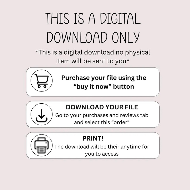 Pode incluir: Uma imagem de instru&ccedil;&otilde;es para download digital com o texto "THIS IS A DIGITAL DOWNLOAD ONLY". As instru&ccedil;&otilde;es incluem a compra, download e impress&atilde;o do arquivo. O fundo &eacute; rosa claro.