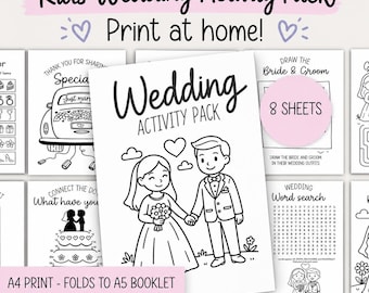 May include: A printable kids wedding activity pack featuring eight black and white sheets with coloring pages, a word search, and drawing tasks. The cover shows a bride and groom illustration with the text Wedding Activity Pack and A4 print.