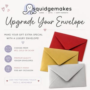 Puede incluir: Tres sobres en colores rojo, dorado y plateado se muestran junto al texto Upgrade Your Envelope, Make Your Gift Extra Special With A Luxury Envelope, Choose From Red, Gold Or Silver, Premium Quality 100gsm Envelopes.