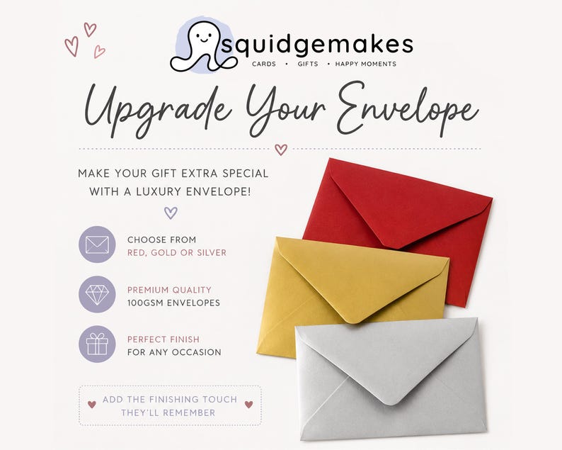Puede incluir: Tres sobres en colores rojo, dorado y plateado se muestran junto al texto Upgrade Your Envelope, Make Your Gift Extra Special With A Luxury Envelope, Choose From Red, Gold Or Silver, Premium Quality 100gsm Envelopes.