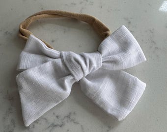White Linen Bow Headband: Soft Nylon Baby Headband