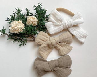 Taupe Linen Bow Headband: Baby Nylon Headband
