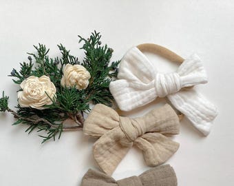 White Linen Bow Headband: Baby Nylon Headband