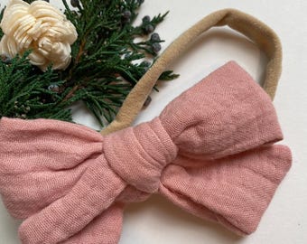Pink Linen Bow Headband: Baby Girl Nylon Headband