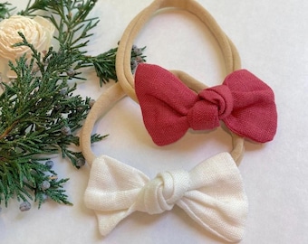 White Linen Knot Bow Headband: Newborn Hair Bow