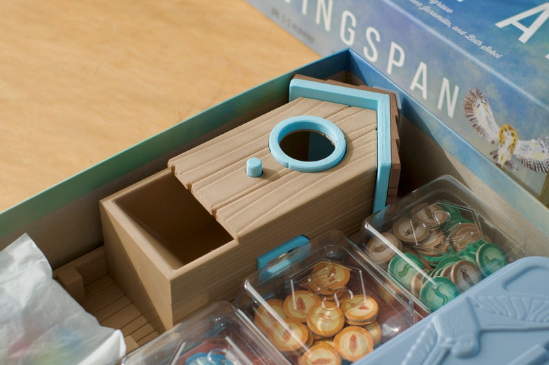 3D printed dice tower for Wingspan board game packed in the original box