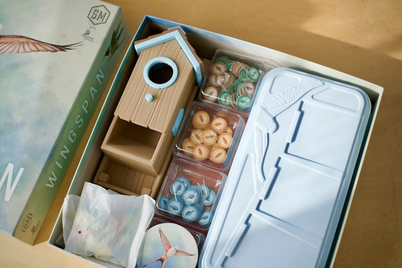 3D printed dice tower for Wingspan board game packed in the original box