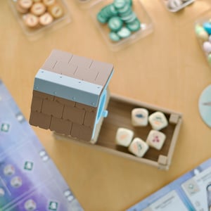 Overhead view of 3D printed dice tower being used in the board game Wingspan.