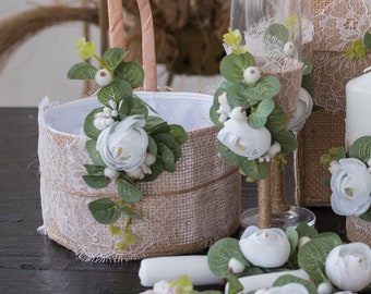 Flower girl basket Rustic wedding, Wedding basket Eucalyptus, Flower basket Natural, Flower girl Boho wedding, Burlap basket, Basket Boho