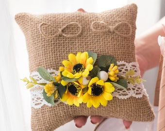 Ring bearer pillow Sunflower wedding, Personalized, Wedding pillow Rustic wedding, Ring pillow Boho wedding, Sunflower ring bearer, Wedding