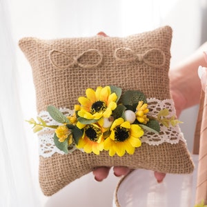 Ring bearer pillow Sunflower wedding, Personalized, Wedding pillow Rustic wedding, Ring pillow Boho wedding, Sunflower ring bearer, Wedding image 1