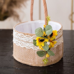 Flower girl basket Sunflower wedding, Sunflower flower girl basket, Wedding basket Sunflower wedding, Flower basket Rustic wedding, Basket