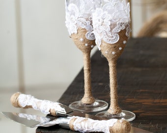 СSektgläser und Tortenheber Set Rustikale Hochzeit, Personalisiert, Hochzeit Gläser und Tortenheber Set Boho Hochzeit, Sektgläser Boho
