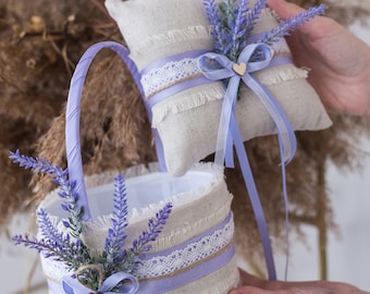 Flower girl basket and ring bearer pillow Lavender wedding, Flower basket and ring pillow Rustic wedding, Ring pillow wedding Lavender, Boho