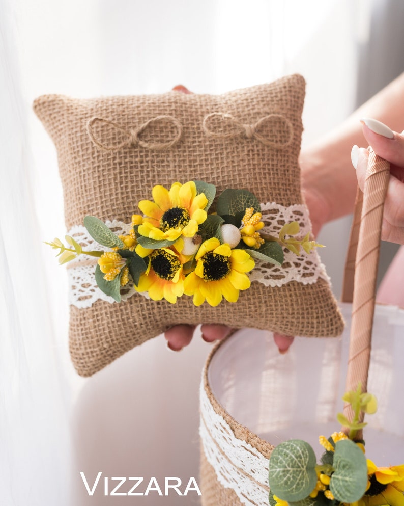 Ring bearer pillow Sunflower wedding, Personalized, Wedding pillow Rustic wedding, Ring pillow Boho wedding, Sunflower ring bearer, Wedding image 1