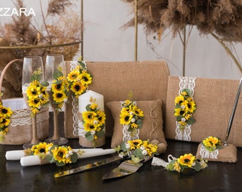 Wedding Set Sunflower wedding, Personalized, Card box for wedding Boho wedding, Sunflower garter, Rustic wedding glasses, Rustic ring pillow