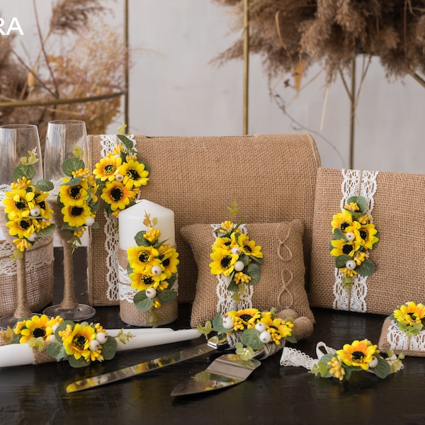 Wedding Set Sunflower wedding, Personalized, Card box for wedding Boho wedding, Sunflower garter, Rustic wedding glasses, Rustic ring pillow