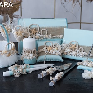 Conjunto de boda en la playa, Boda personalizada, Copas de champán Boda Boho, Libro de visitas, Almohada portadora de anillo Boda Boho, Boda Basket Beach