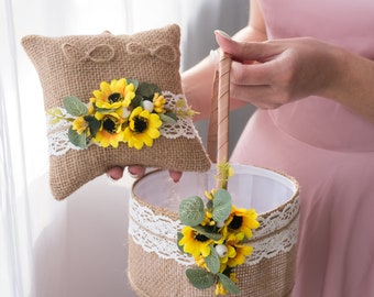 Flower girl basket and ring bearer pillow Sunflower wedding, Flower basket and wedding pillow Rustic wedding, Basket and pillow Sunflower