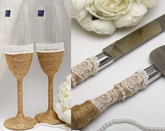 Kuchen-Ausschnitt-Set und Champagner-Gläser Set von 2 Boho-Hochzeiten Personalisierte Kuchen-Ausschnitt-Sets und Gläser Hochzeit Landhochzeiten