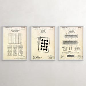 Arte mural de juegos de cartas: tablero de cribbage, juego de bridge, impresiones de patentes de naipes. Decoración vintage para la cueva del hombre. Regalo de juego, juego de 3 pósteres