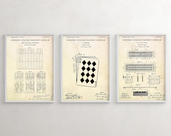 Cards Games Wall Art: Cribbage Board, Bridge Game, Playing Card Patent Prints. Man Cave Vintage Decor. Gambling Gift, Set Of 3 Posters