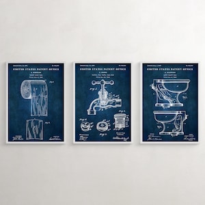 Vintage Toilet Patent Art Prints, Bathroom Restroom Decor, Set of 3 Navy blue