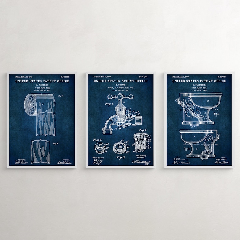 Vintage Toilet Patent Art Prints, Bathroom Restroom Decor, Set of 3 Navy blue