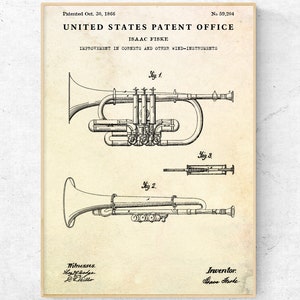 Cornet Patent Print. Vintage Blueprint Poster. Music Room Decor. Musician Gift. Wind Instrument Wall Art