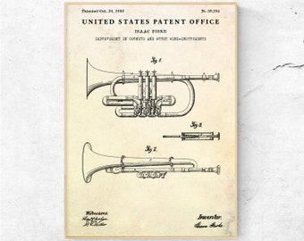 Cornet Patent Print. Vintage Blueprint Poster. Music Room Decor. Musician Gift. Wind Instrument Wall Art