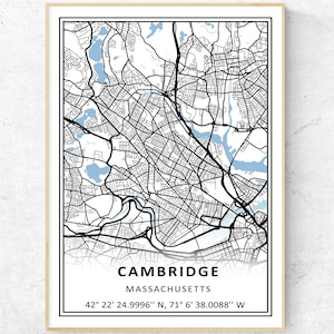 Cambridge MA Map Print, Modern US City Map Wall Art, Massachusetts Travel Gift Poster