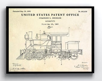 Locomotive 1892 Patent Print, Steam Engine Train Blueprint Poster, Railroad Vintage Wall Art, Railway Decor