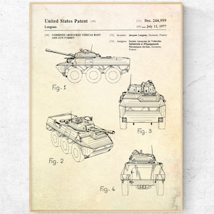 US Military Tank Patent Print, Tank Blueprint Poster, Army Armored Tank, Military Wall Art, Mens Gift.