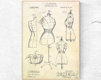Jurk uit 1917 met patentprint. Blauwdrukposter, kunst aan de muur naaikamer. Cadeau naaister, kleermaker, patroonmaker. Vintage decor modeontwerper