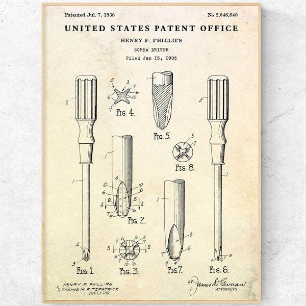 Phillips Screwdriver 1936 Patent Art Print. Carpenter, Woodworker Gift, Screw Driver Invention Blueprint Poster, Workshop Wall Decor