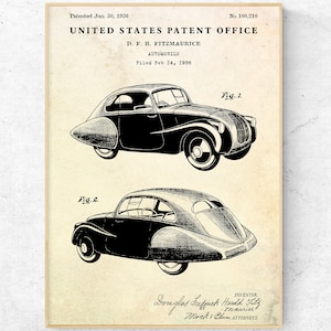 Impresión de patente de diseño de automóviles de 1936. Póster con planos de inventos de automóviles clásicos. Arte mural vintage de automóviles, regalo para entusiastas de los automóviles