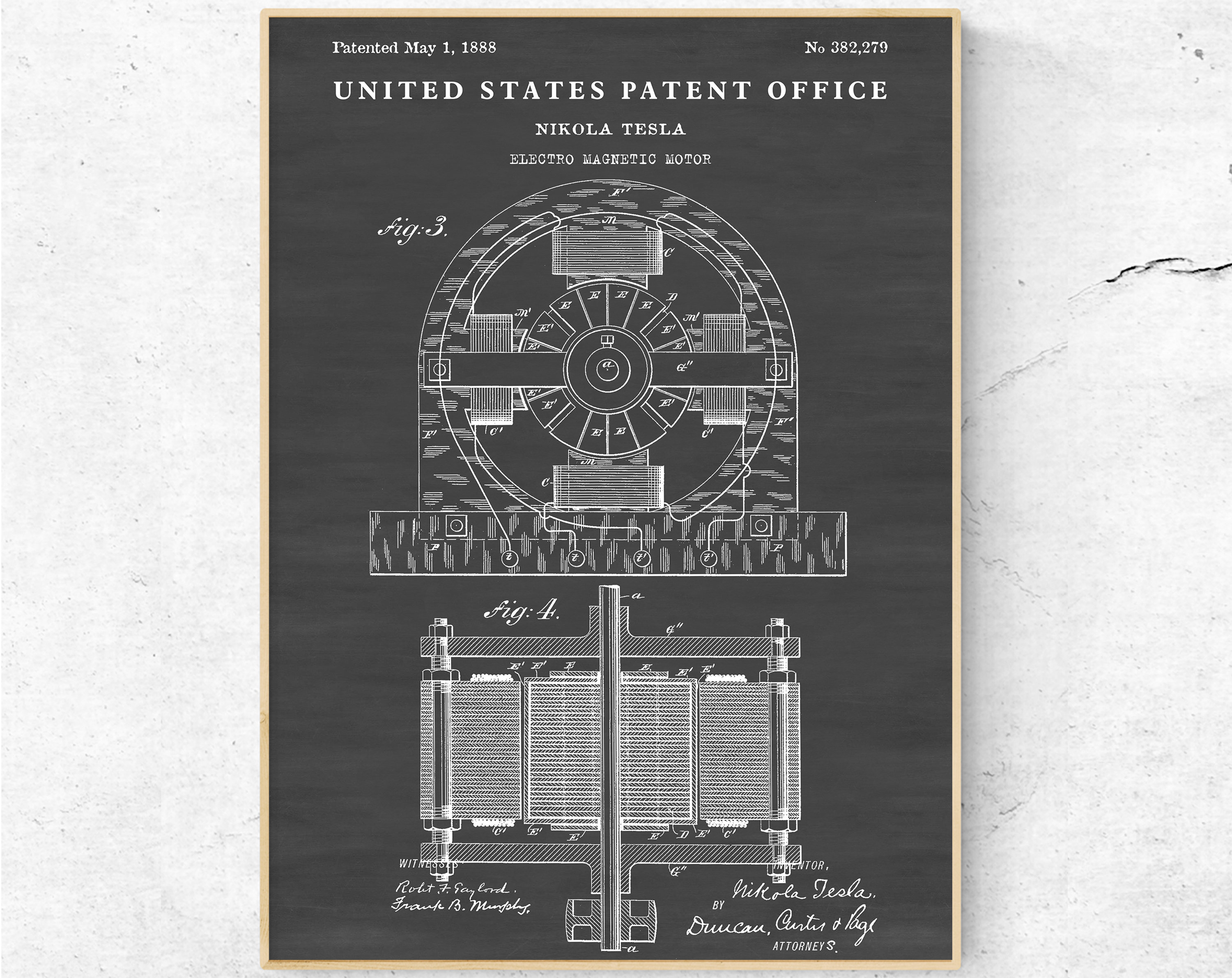 ニコラ テスラ 1888 特許プリント。電磁モーター設計図ポスター