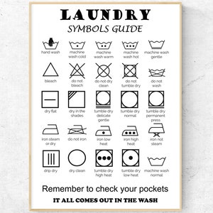 May include: A black and white laundry care symbols guide with the text "LAUNDRY SYMBOLS GUIDE" at the top. The guide includes symbols for hand wash, machine wash, bleach, dry flat, dry in the shades, tumble dry, iron, drip dry, and dry clean.