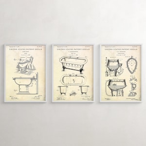 Poster da parete con brevetto di bidet, vasca da bagno e WC, invenzione idraulica, progetto vintage di un water. Set di 3 stampe per bagno vittoriano.