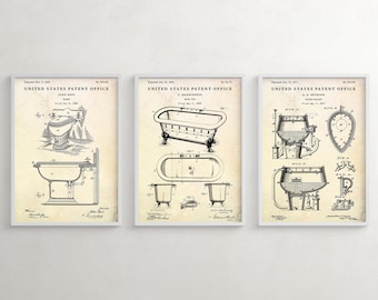 Antique Bathroom Patent Prints, Toilet, Bathtub, Bidet, Set of 3