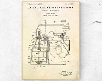 Stand Mixer 1935 Patent Print. Cooking Invention Blueprint Poster. Kitchen Vintage Decor. Culinary Wall Art. Chef Gift