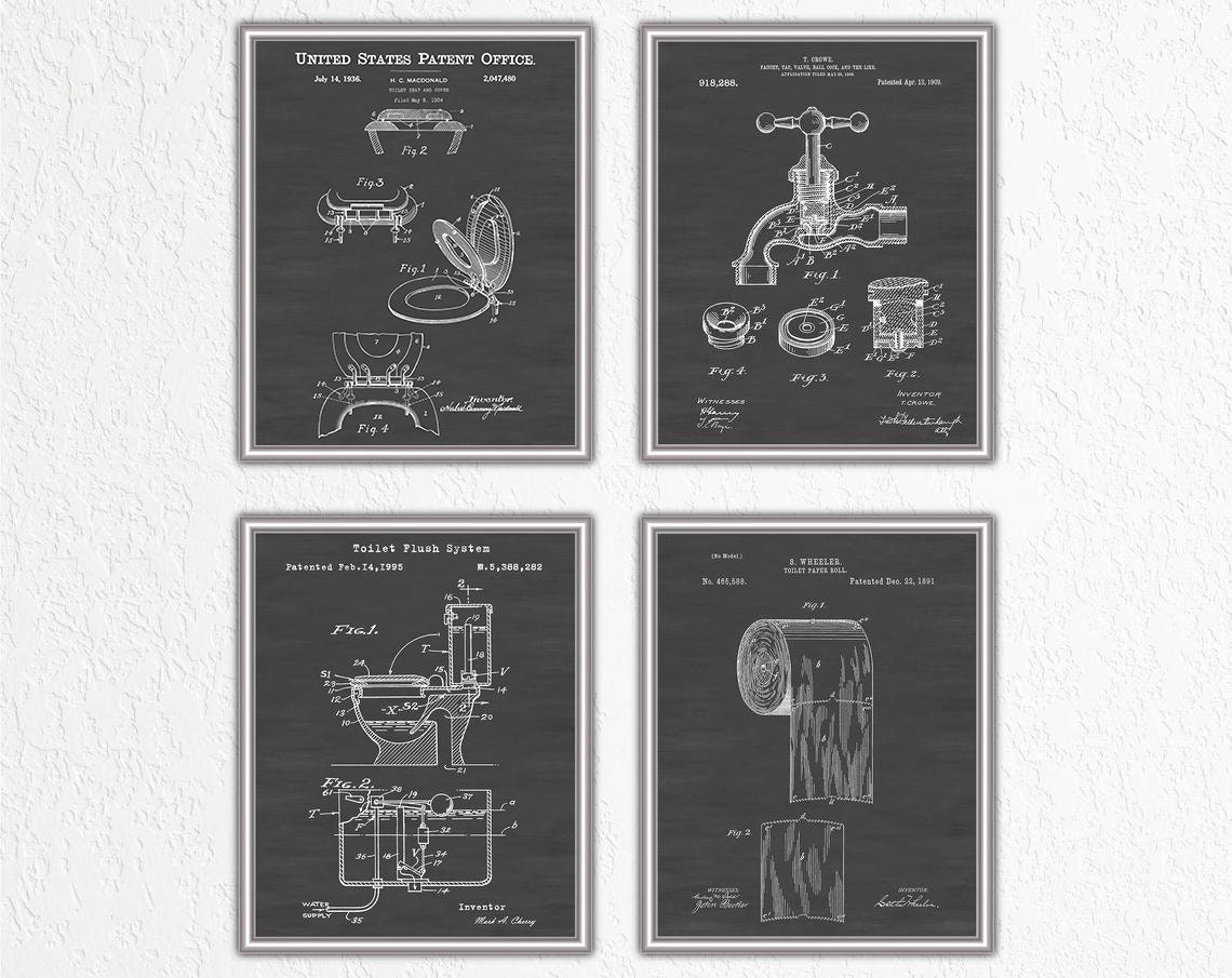 Bathroom Decor Prints, Set of 4 Patent Posters. Toilet Blueprint Wall ...
