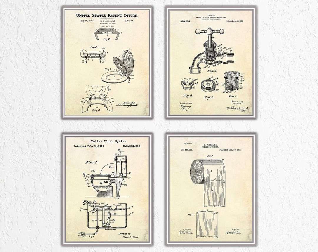 Bathroom Decor Prints, Set of 4 Patent Posters. Toilet Blueprint Wall ...