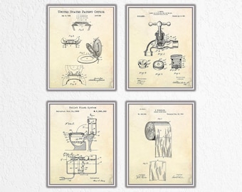 Láminas decorativas para baño, juego de 4 pósteres de patente. Arte mural con planos de inodoro.