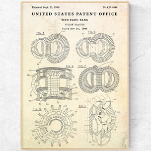 May include: A black and white line drawing of a fusion reactor patent. The patent is titled "Fusion Reactor" and was filed on 20 November 1986. The patent shows different views of the reactor, including a cross-section and a top view. The patent number is 4,774,048.