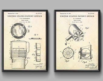 Flour Sifter Patent Art Drawings. Kitchen Wall Art. Vintage Blueprint Poster. Bakery Decor, Culinary Baking Gift, Set of 2 Prints