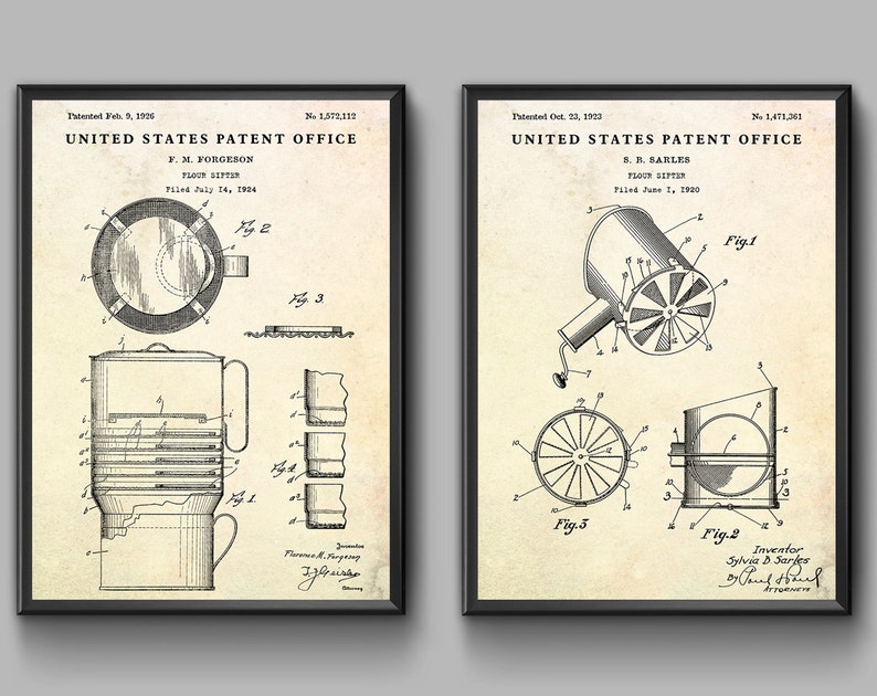 Flour Sifter Patent Art Drawings. Kitchen Wall Art. Vintage Etsy