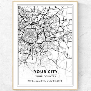 Elke locatie aangepaste stadskaart print, jouw stad gepersonaliseerde kaart muurkunst, reiscadeau poster