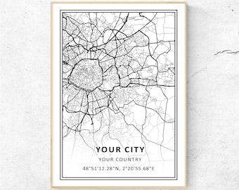 Any Location Custom City Map Print, Your Town Personalized Map Wall Art, Travel Gift Poster